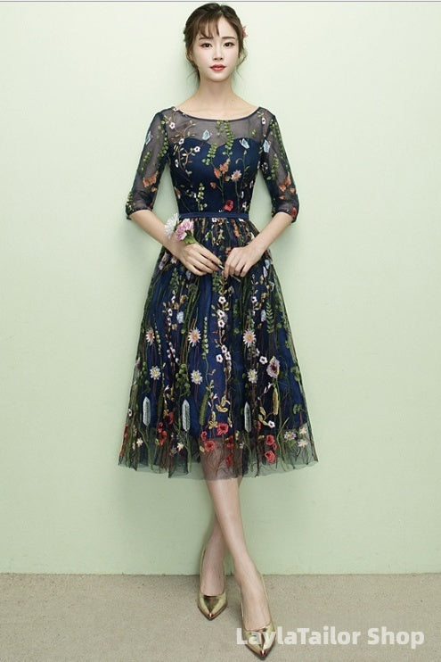Navy Blue Floral Lace Short Bridesmaid Dresses, Cute Blue Homecoming Dress Prom Dress