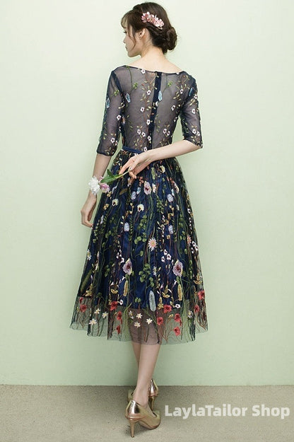 Navy Blue Floral Lace Short Bridesmaid Dresses, Cute Blue Homecoming Dress Prom Dress