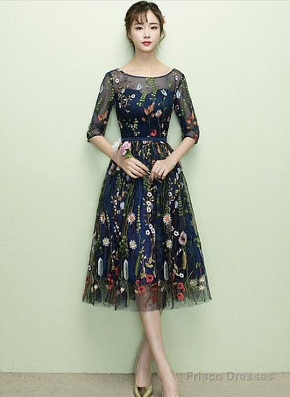 Navy Blue Floral Lace Short Bridesmaid Dresses, Cute Blue Homecoming Dress Prom Dress