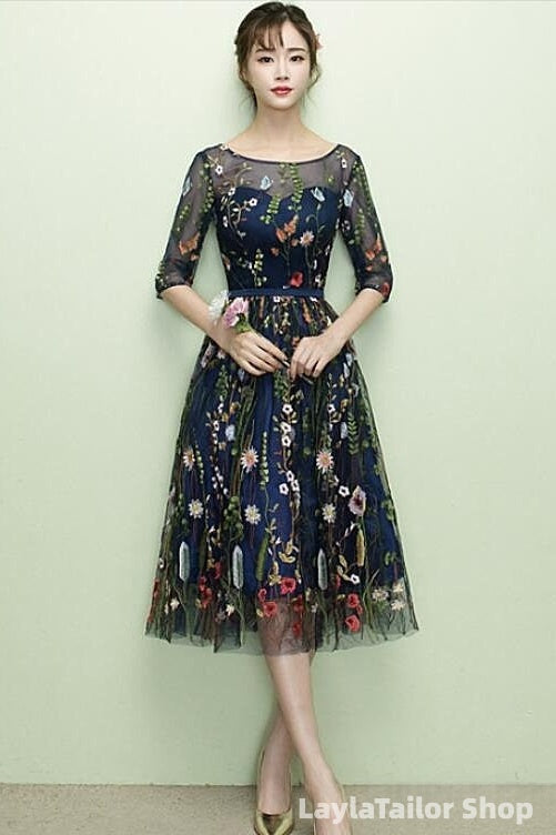Navy Blue Floral Lace Short Bridesmaid Dresses, Cute Blue Homecoming Dress Prom Dress