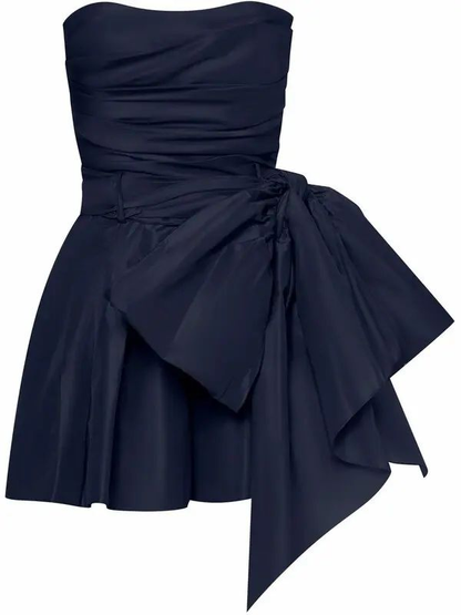 Vintage Navy Blue Strapless Bowkont Short Party Dress Homecoming Dress