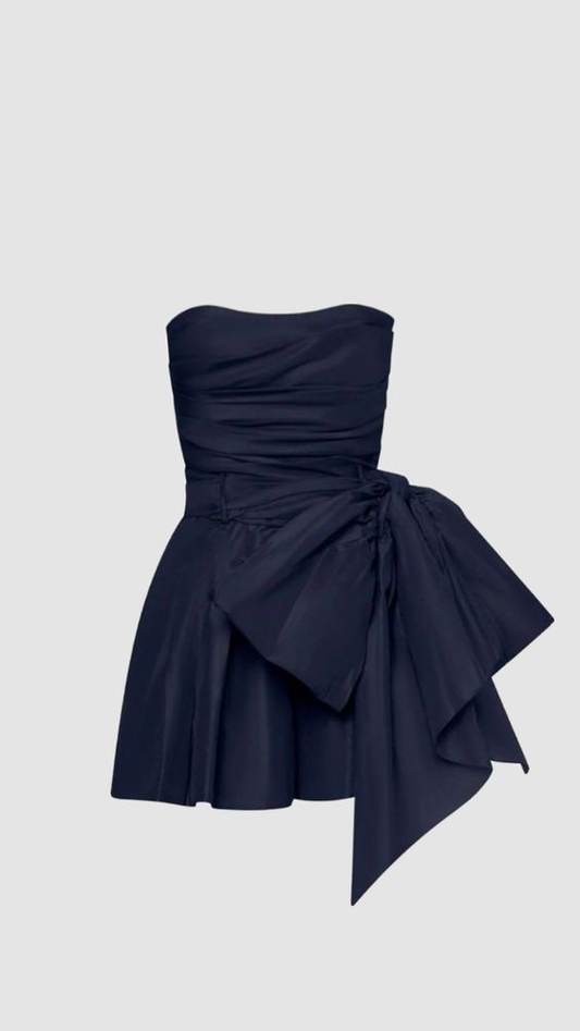Vintage Navy Blue Strapless Bowkont Short Party Dress Homecoming Dress