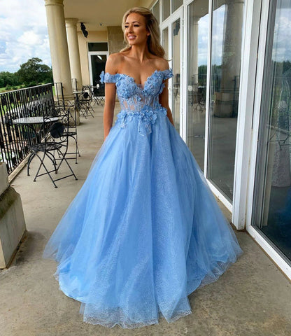 Off The Shoulder Sky Blue Appliques Floral Long Prom Dress