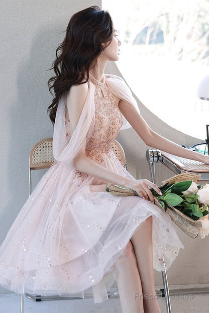 Off Shoulder Pink High Low Tulle With Beaded Homecoming Dress, Pink High Low Prom Dress Graduation Dress
