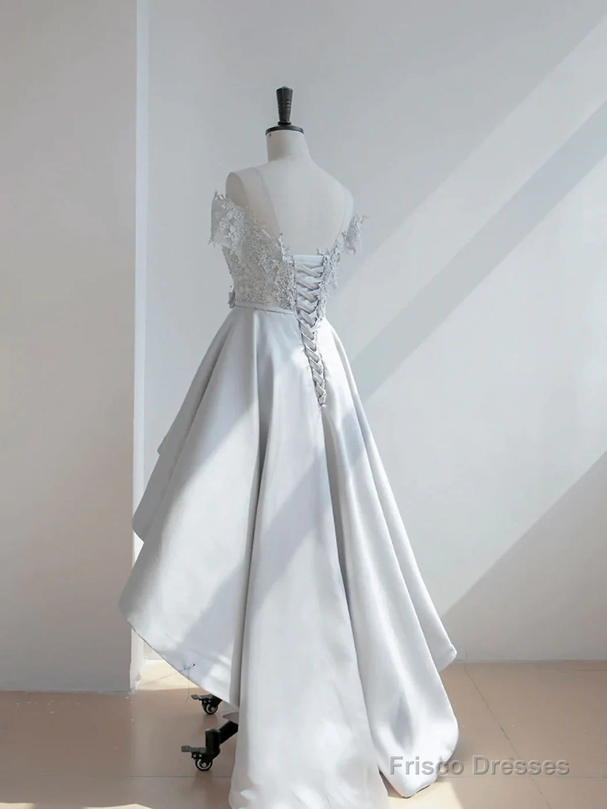Off The Shoulder High Low Gray Lace Prom Dresses, High Low Gray Lace Formal Homecoming Dresses