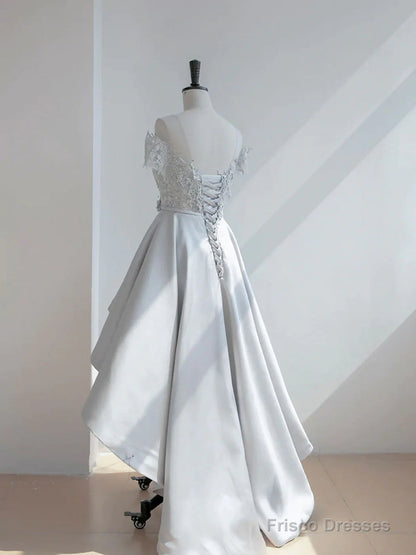 Off The Shoulder High Low Gray Lace Prom Dresses, High Low Gray Lace Formal Homecoming Dresses