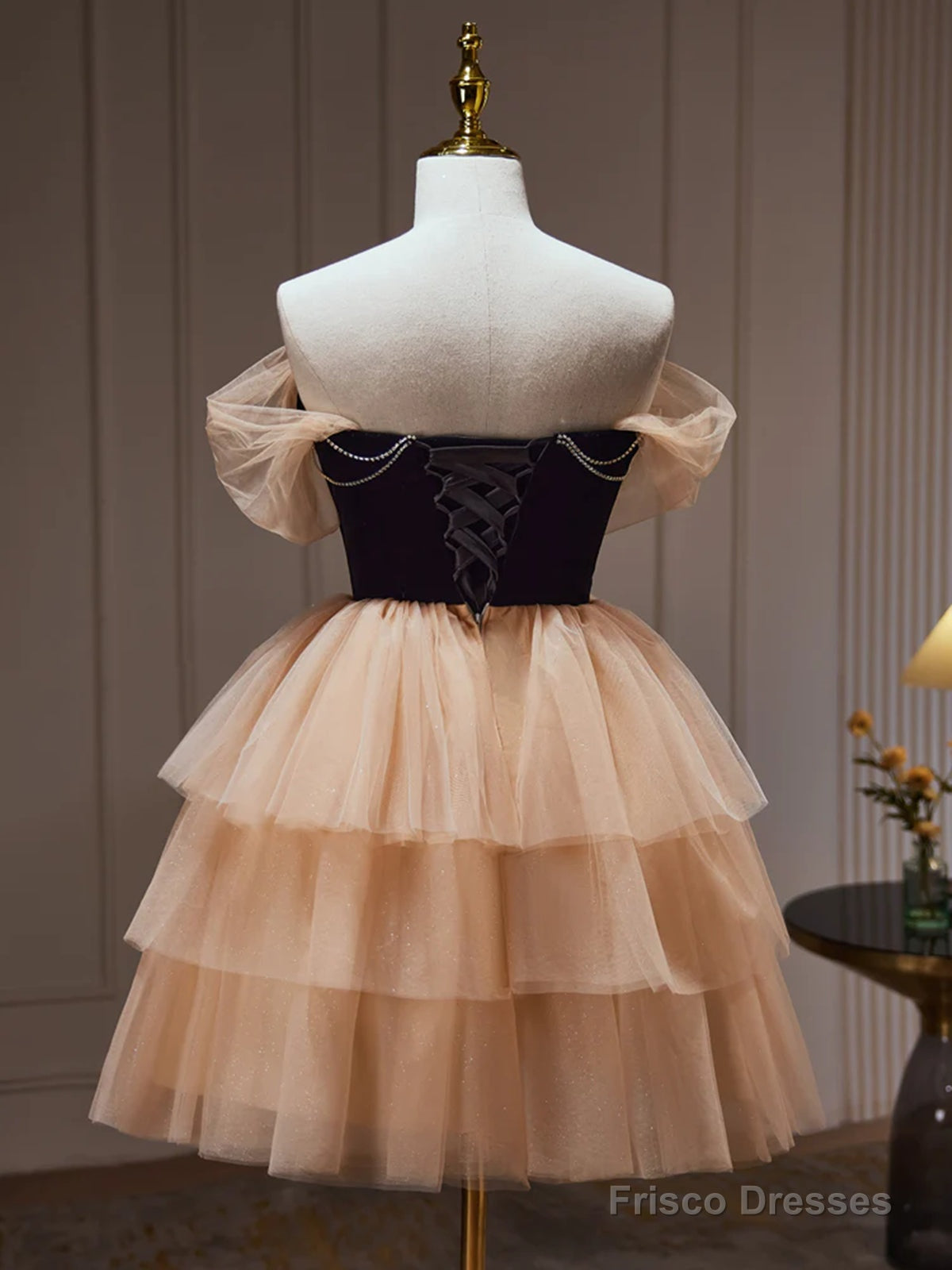 Off The Shoulder Short Black Champagne Prom Dresses, Short Black Champagne Graduation Homecoming Dresses
