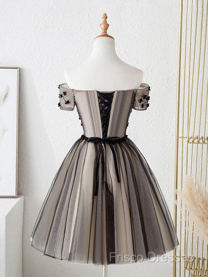 Off The Shoulder Short Black Floral Formal Prom Dress, Short Black Floral Graduation Homecoming Dress