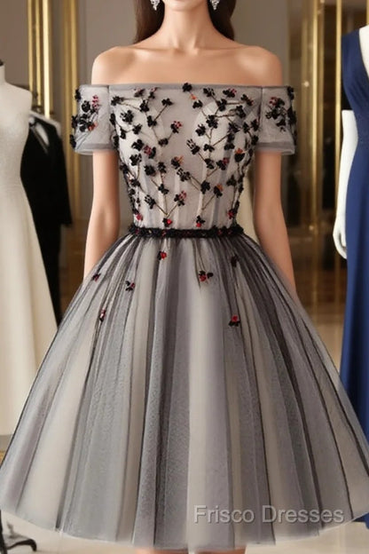 Off The Shoulder Short Black Floral Formal Prom Dress, Short Black Floral Graduation Homecoming Dress