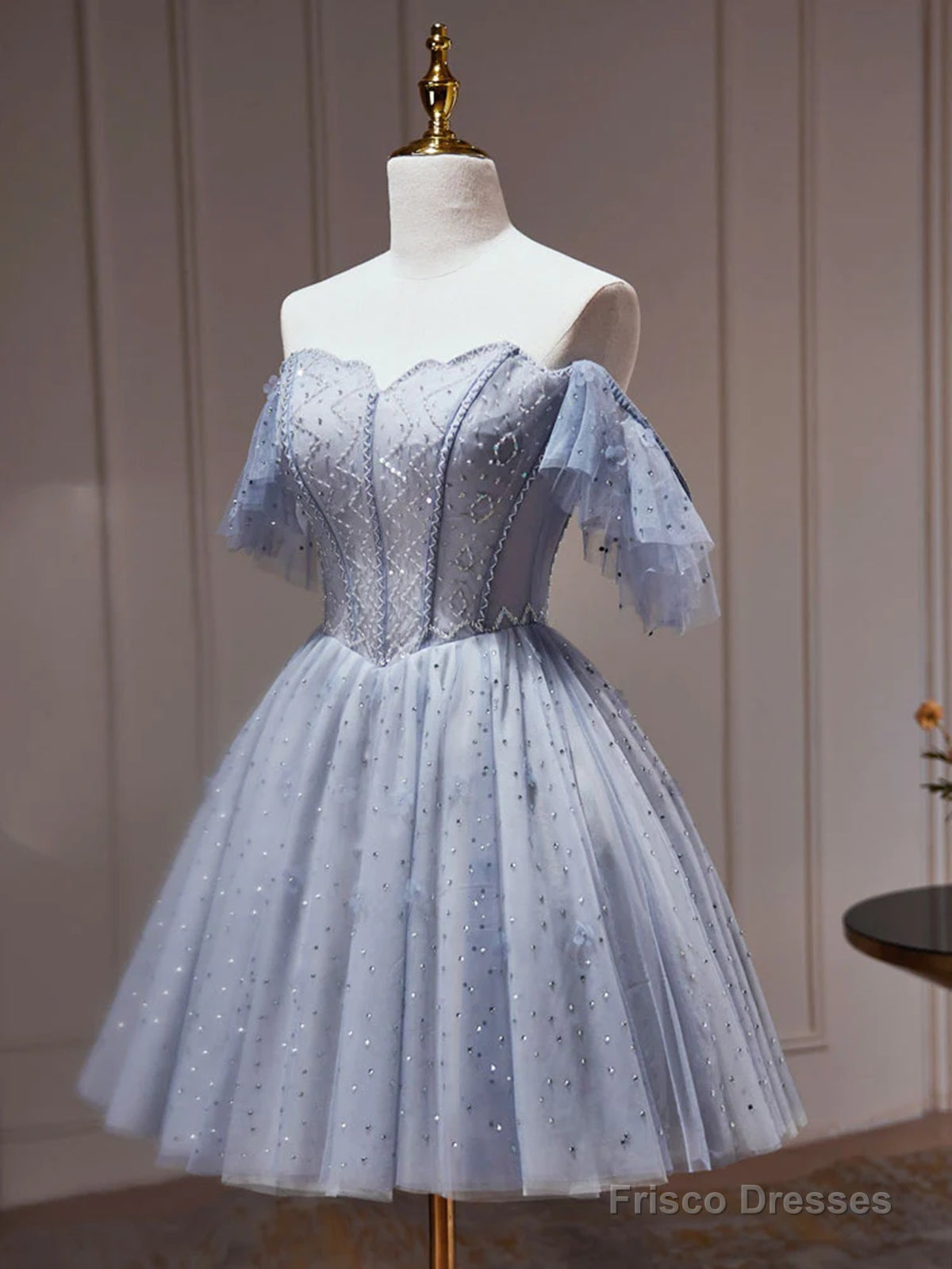 Off The Shoulder Short Gray Beaded Prom Dresses, Short Gray Beaded Graduation Homecoming Dresses