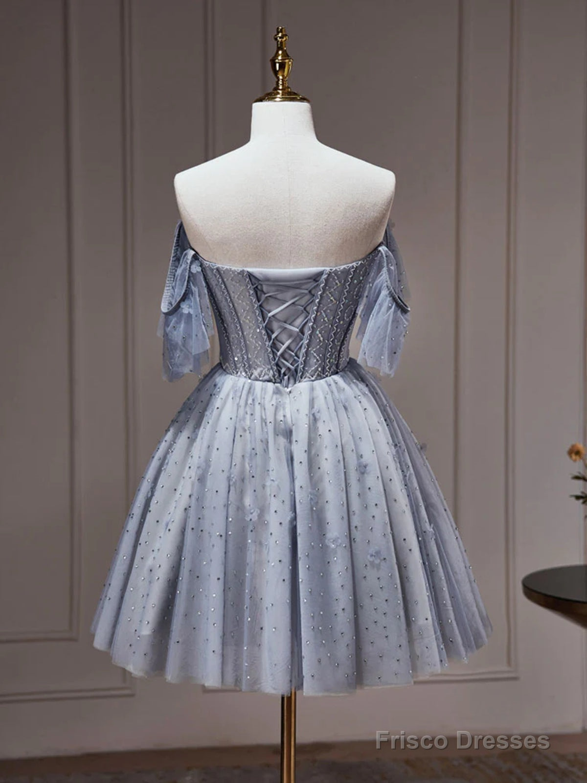Off The Shoulder Short Gray Beaded Prom Dresses, Short Gray Beaded Graduation Homecoming Dresses