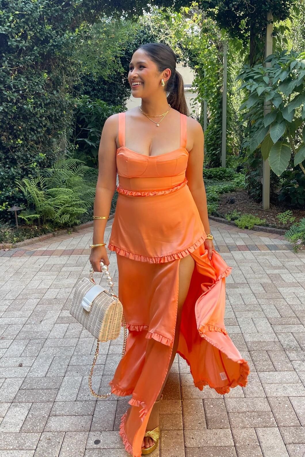 Cantaloupe Orange Corset Tiered Long Party Dresss