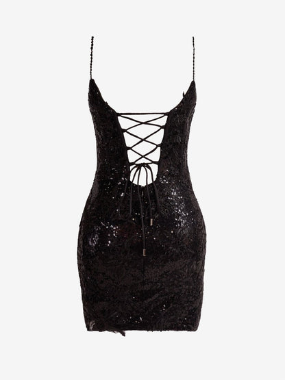 Black Sheath Spaghetti Straps Sequined Lace Mini Party Dresses