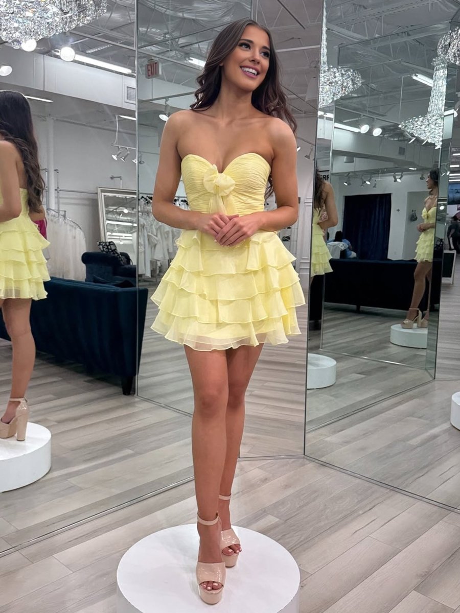 Yellow - A Line Chiffon Ruffles Sweetheart Short Homecoming Dresses with Bow