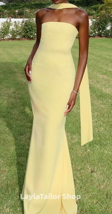 Pastel Yellow Strapless Bodycon Long Evening Party Dresses,LTP4494