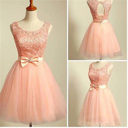 Peach Pink lace lovely for teens modest formal homecoming dress