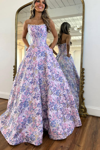 Stunning A Line Scoop Neck Jacquard Satin Long Prom Dress with Pearls