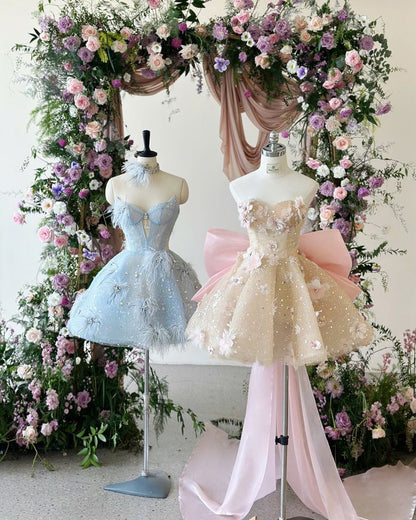 Pink A Line Sweetheart Neck Floral Sequin Tulle Homecoming Dress With Bow