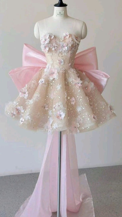 Pink A Line Sweetheart Neck Floral Sequin Tulle Homecoming Dress With Bow