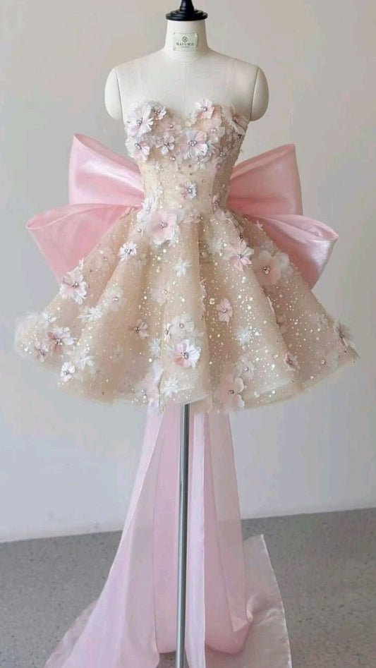 Pink A Line Sweetheart Neck Floral Sequin Tulle Homecoming Dress With Bow
