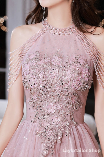 Pink Beaded Tulle Short Homecoming Dress, Pink Prom Dress Party Dress