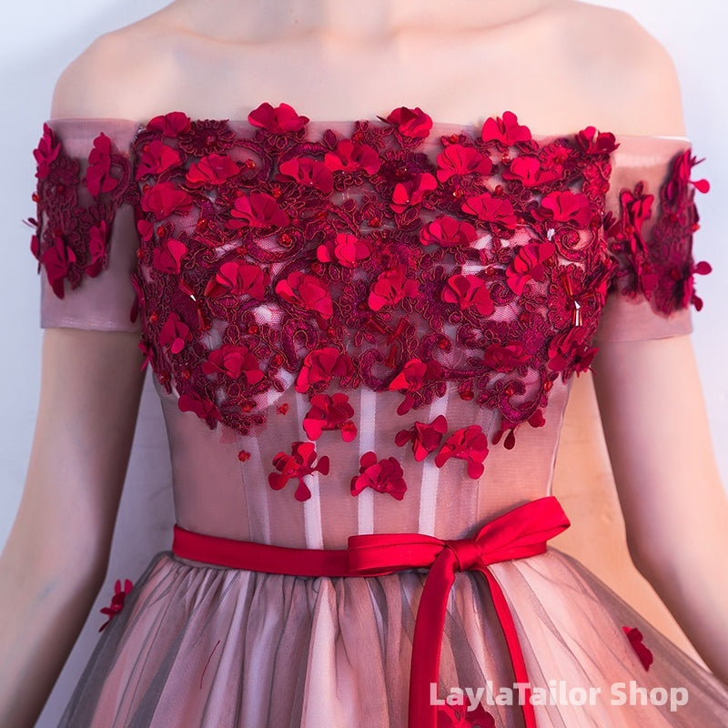Pink High Low Tulle Party Dress With Flowers, Pink Homecoming Dresses