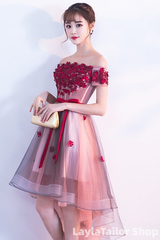 Pink High Low Tulle Party Dress With Flowers, Pink Homecoming Dresses