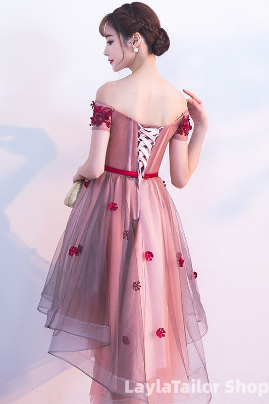 Pink High Low Tulle Party Dress With Flowers, Pink Homecoming Dresses