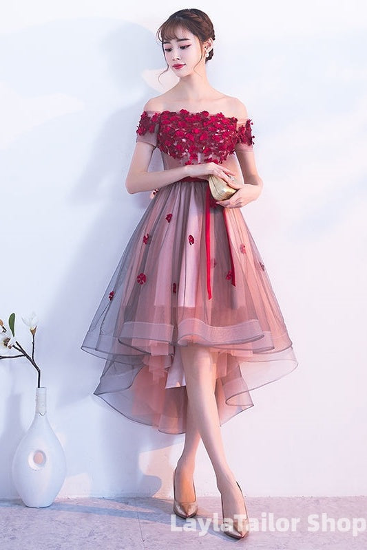 Pink High Low Tulle Party Dress With Flowers, Pink Homecoming Dresses