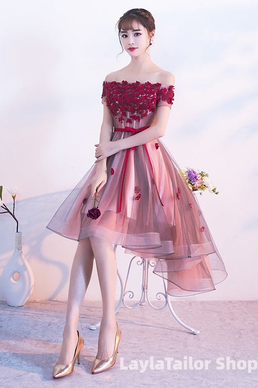 Pink High Low Tulle Party Dress With Flowers, Pink Homecoming Dresses
