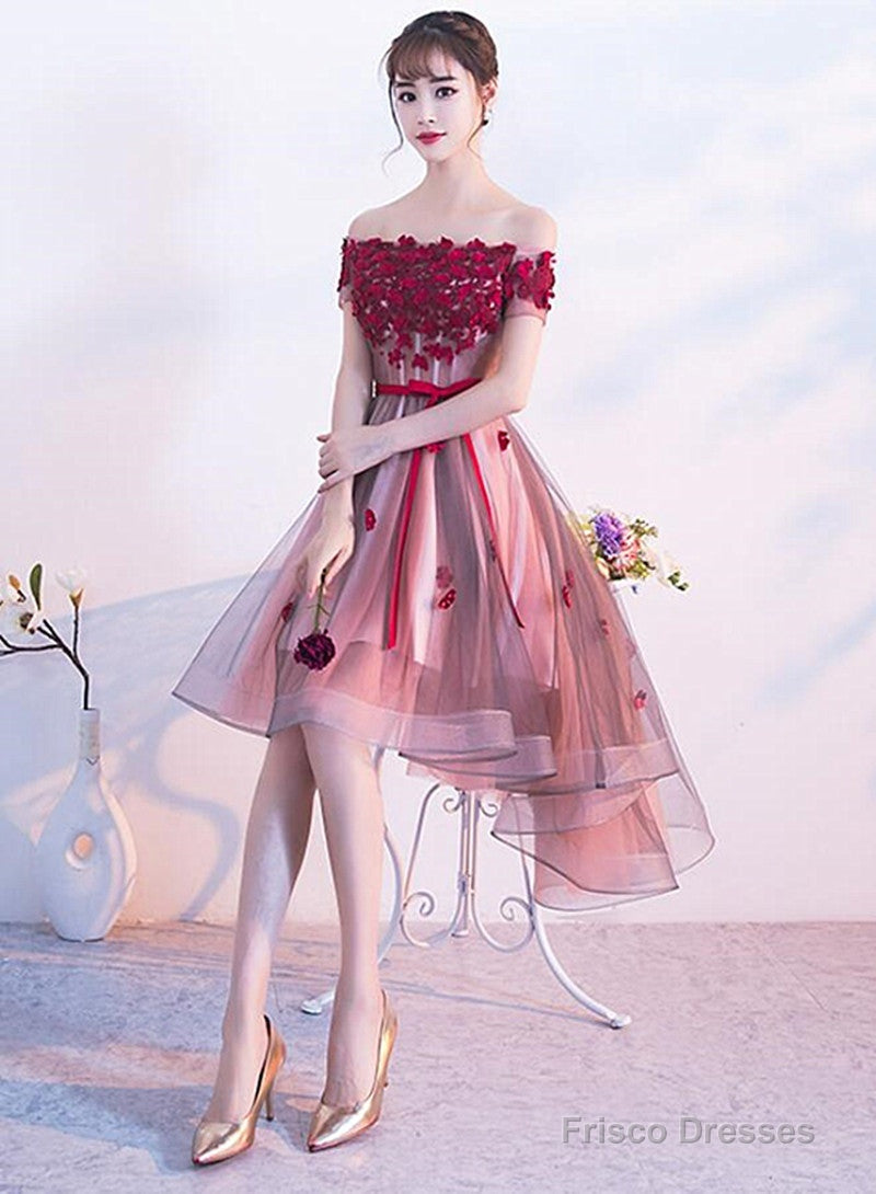 Pink High Low Tulle Party Dress With Flowers, Pink Homecoming Dresses