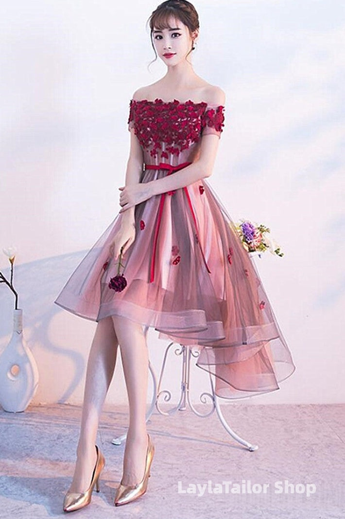 Pink High Low Tulle Party Dress With Flowers, Pink Homecoming Dresses