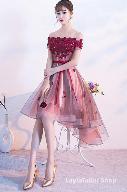 Pink High Low Tulle Party Dress With Flowers, Pink Homecoming Dresses