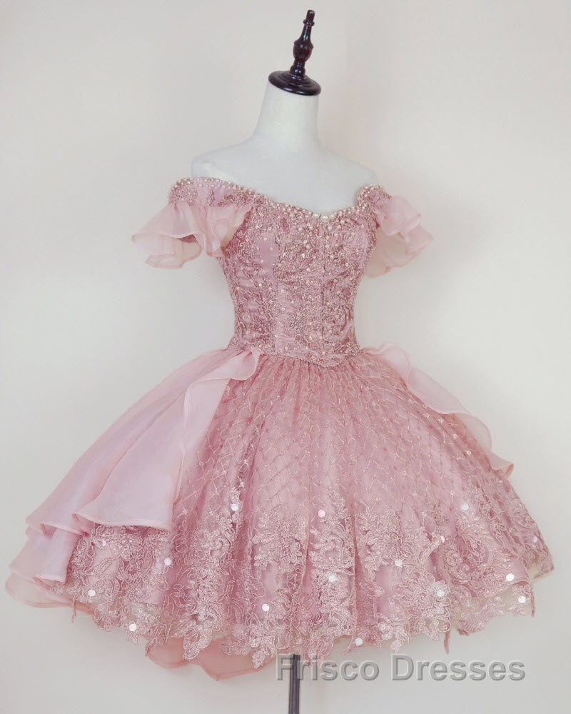 Pink Lace Homecoming Gown with Beading,Princess Off the Shoulder Hoco Dress