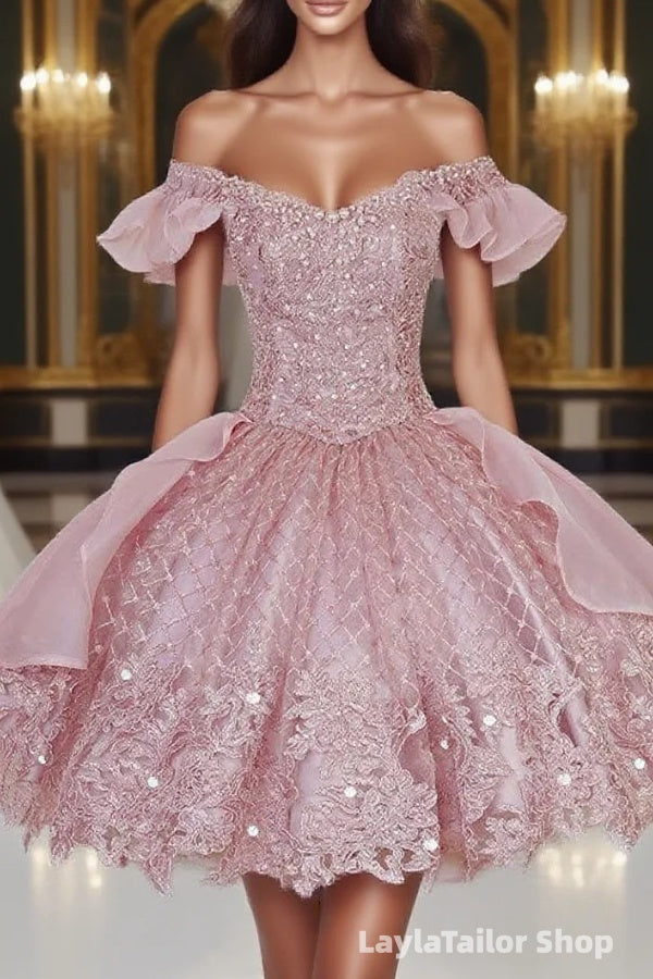 Pink Lace Homecoming Gown with Beading,Princess Off the Shoulder Hoco Dress