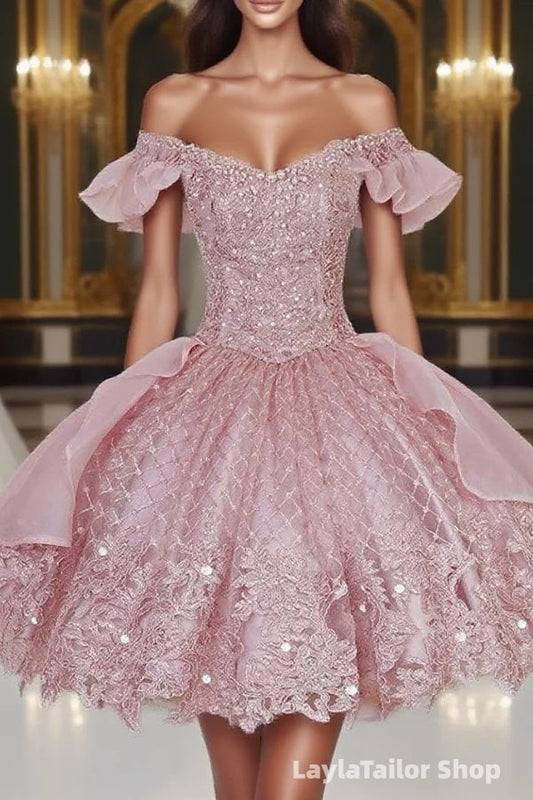 Pink Lace Homecoming Gown with Beading,Princess Off the Shoulder Hoco Dress
