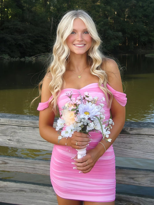Pink Off The Shoulder Tulle Homecoming Dress Short Cocktail Dresses