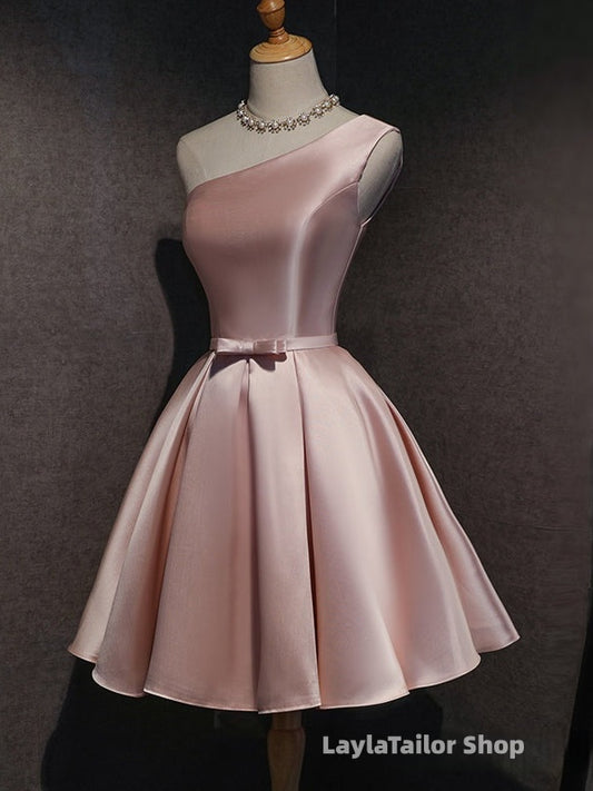 Pink Satin One Shoulder Homecoming Dress, Knee Length Prom Dress