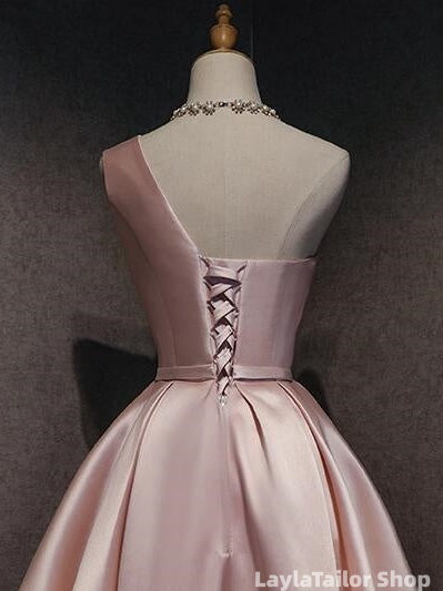 Pink Satin One Shoulder Homecoming Dress, Knee Length Prom Dress
