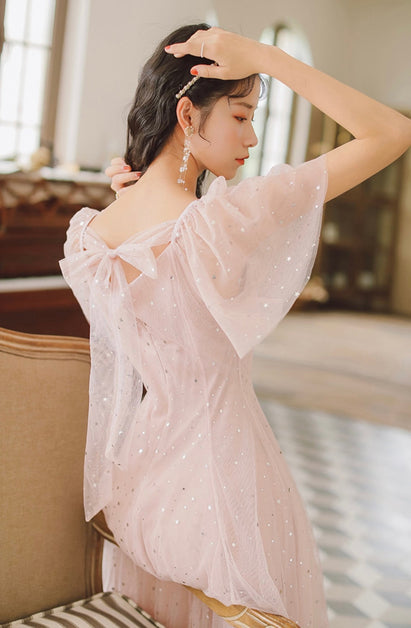 Pink Tulle V-Neckline Tea Length Homecoming Dress, Cute Pink Short Prom Dress