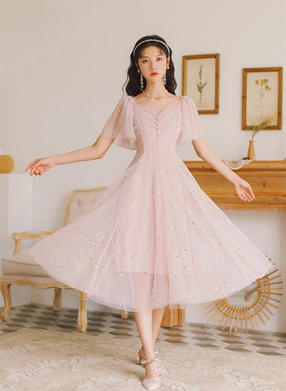Pink Tulle V-Neckline Tea Length Homecoming Dress, Cute Pink Short Prom Dress
