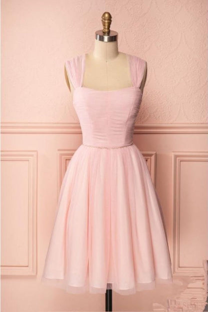 Pink Vintage Tulle Knee Length Homecoming Dress Straps Graduation Dresses
