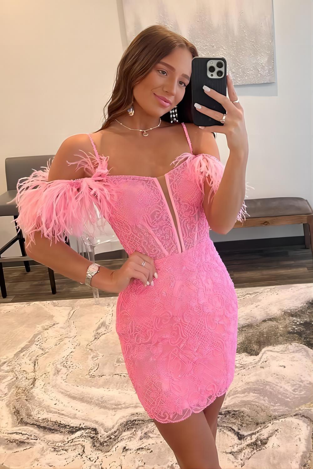 Spaghetti Straps Pink Lace Homecoming Dresses With Detachable Feather Shoulder