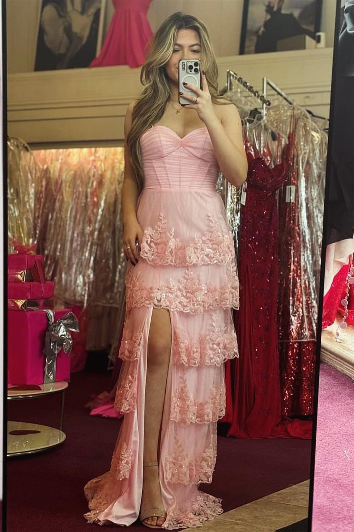 Straps Pink Appliques Tiered Ruffles Long Party Dress