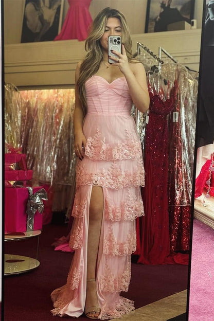 Straps Pink Appliques Tiered Ruffles Long Party Dress