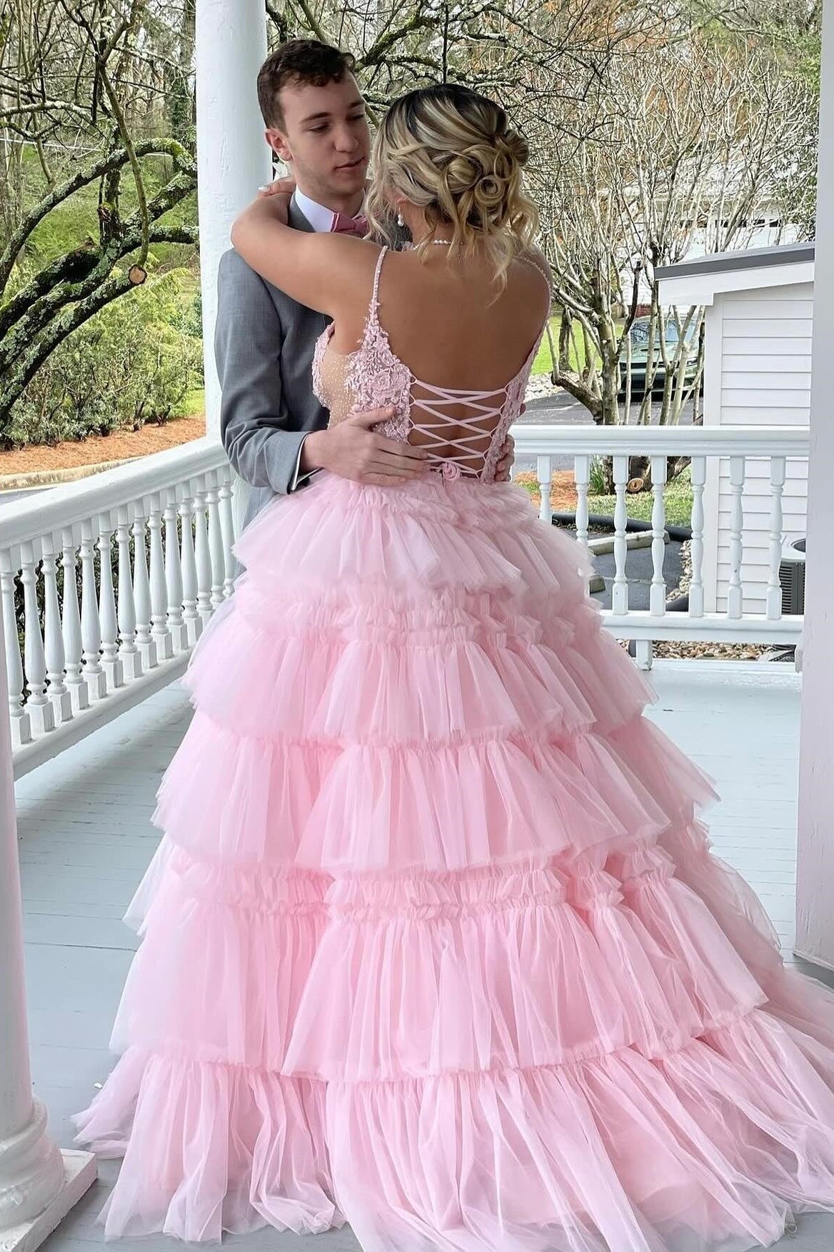 Straps Tulle Ruffle Long Formal Dress