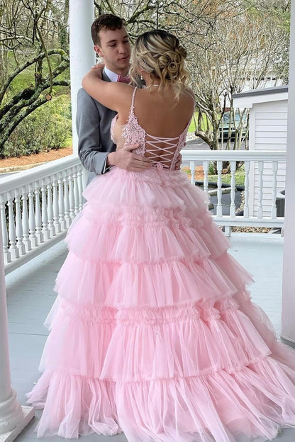 Straps Tulle Ruffle Long Formal Dress