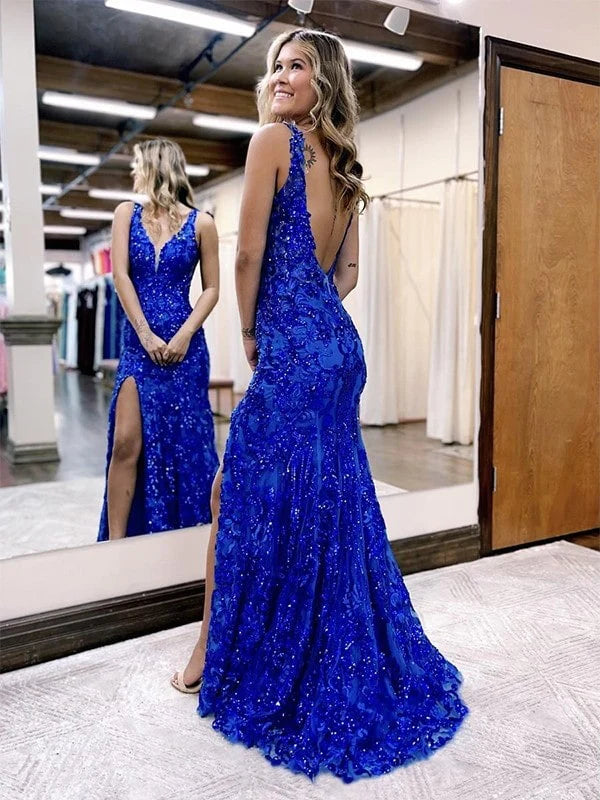 Bodycon Royal Blue Split Long Evening Prom Dress