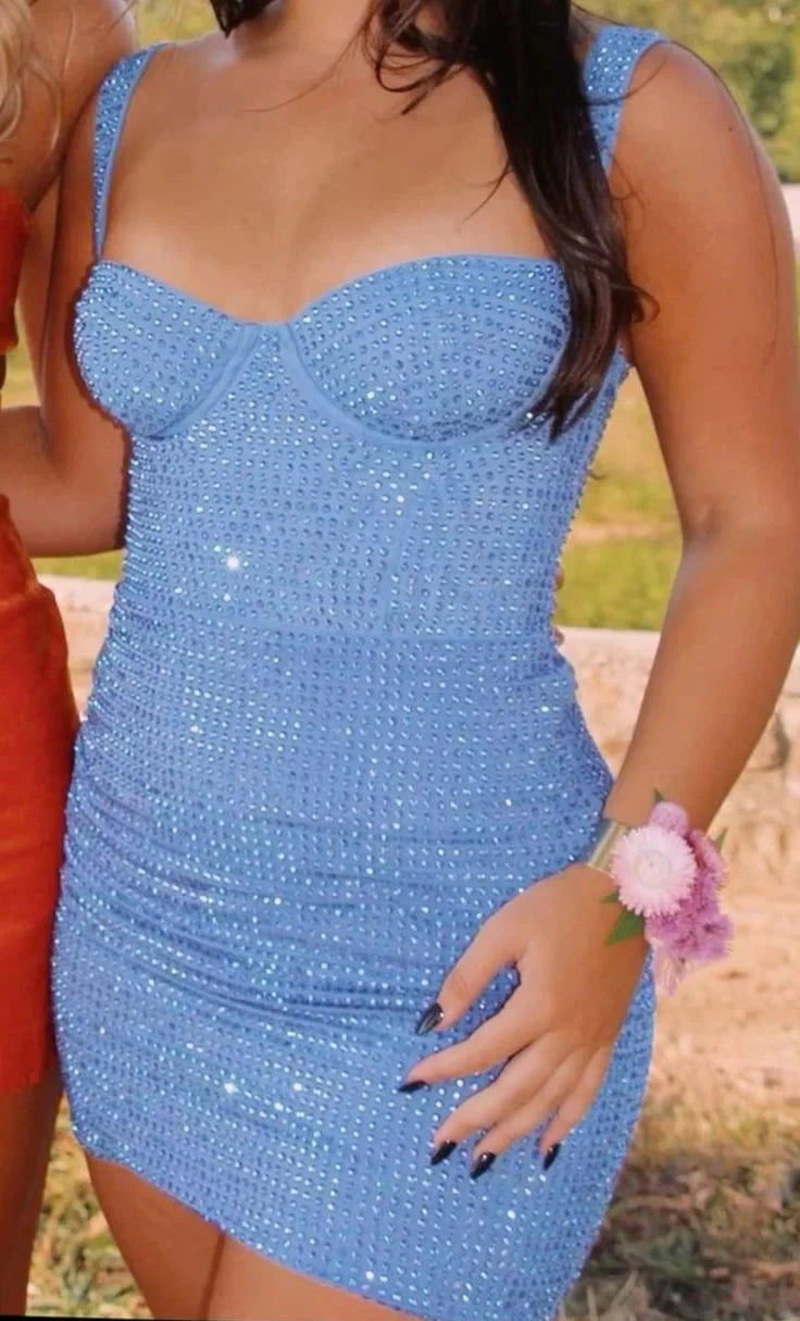 Pretty Sheath Sweetheart Blue Sequin Formal Homecoming Dresses 21St Birthday Outfits Graduation Dress Short Mini Cocktail Dresses