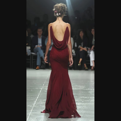 Sexy Burgundy Chiffon Mermaid Long Prom Dresses Backless Appliques Party Dress,LTP3981